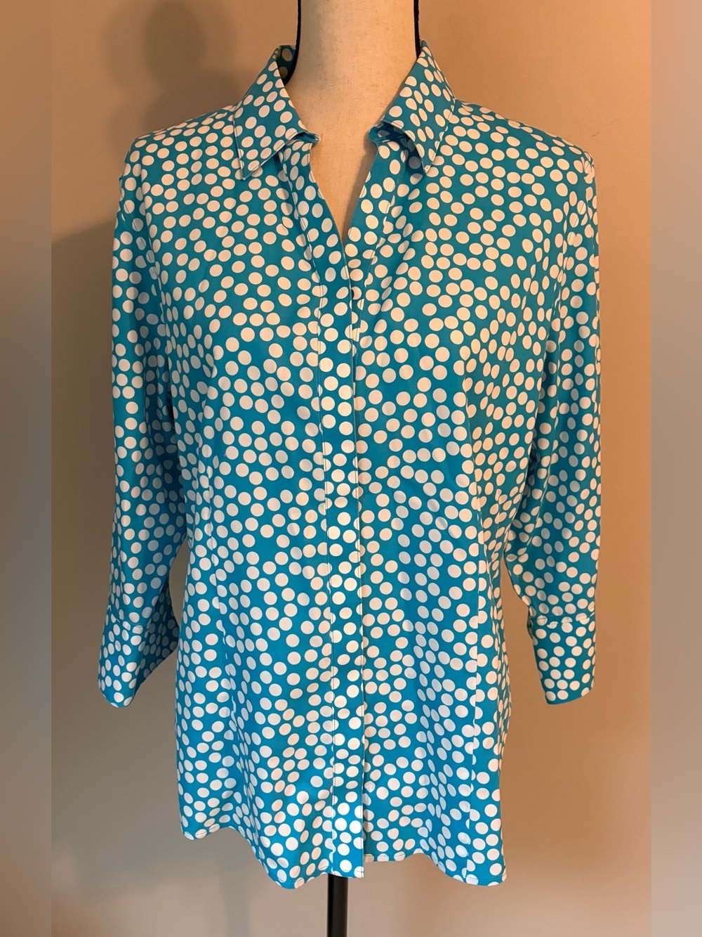 Chico's Teal and White Polka Dot Button-Down Shirt | Women’s Sz (Chico's) L/12